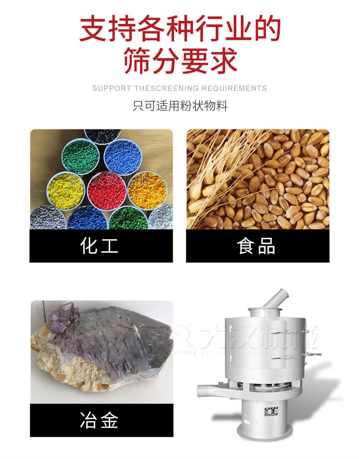 氣流篩用于礦粉，石墨粉，活性納米碳酸鈣，鋁灰，大豆粉，碳酸重鈣，石墨粉，木粉，干草，重金石粉，藥粉末，橡膠顆粒，草酸鹽，干料粉，木粉，聚酯粉，干粉，塑料，金屬粉末，橡膠粉，粉煤灰，石墨粉，陶瓷粉，鋅粉，石英粉，石灰粉，鐵粉，金屬硅粉等。