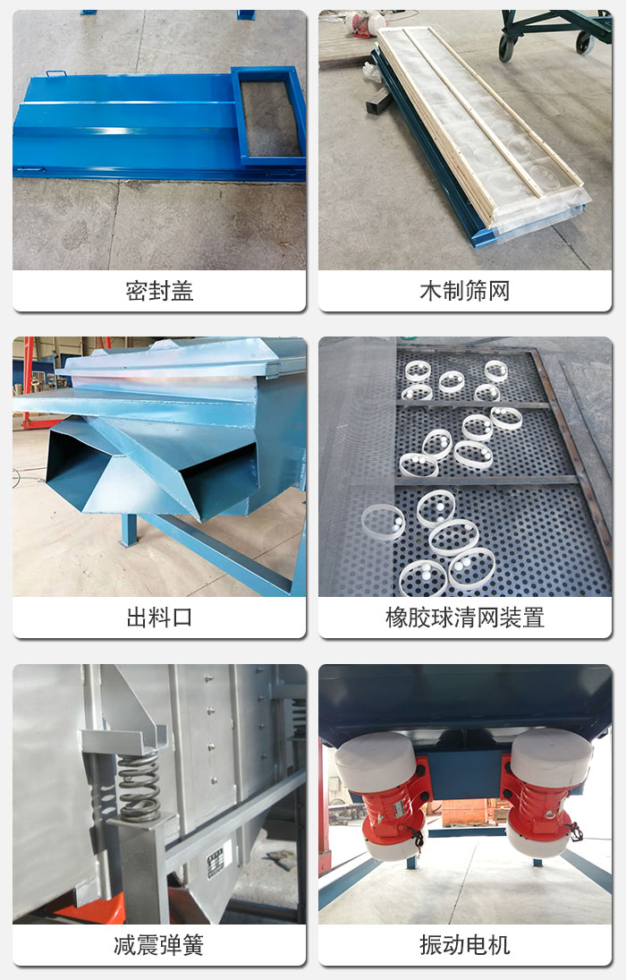 直線篩結構展示：篩網，篩箱，振動電機，振動電機座，減震彈簧，支架等部件展示圖