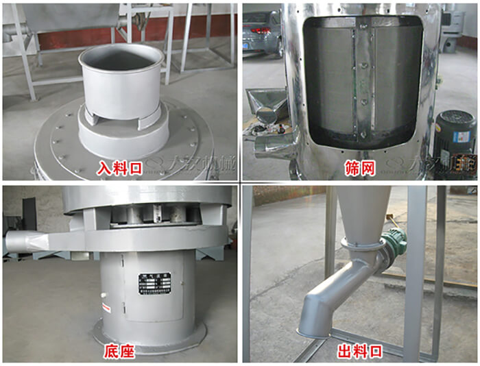 氣流篩部件展示：入料口，篩網，底座，出料口等。