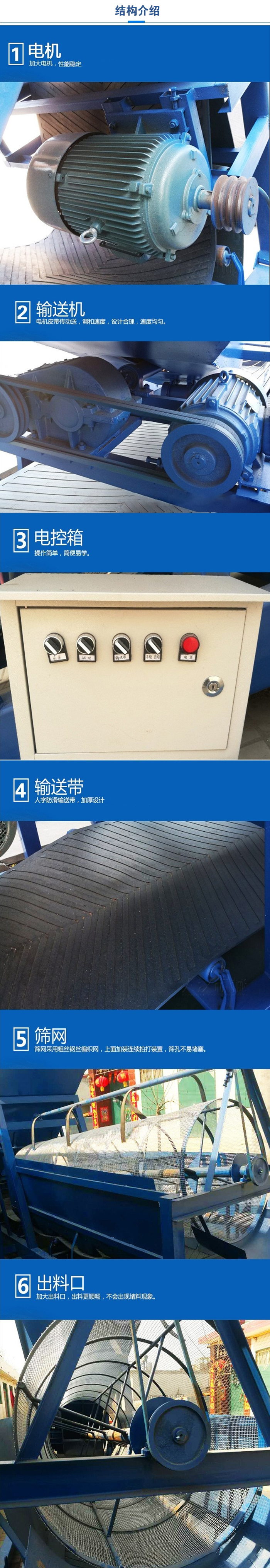 移動篩沙機結構:電機，加大電機，性能相對比較穩定。輸送機：電機皮帶傳動送，調和速度，設計合理，速度均勻。電控箱：操作簡單，簡便易學。輸送帶：人字防滑輸送帶，加厚設計。篩網，采用粗絲鋼絲編織而成的篩網，上面加裝連續拍打裝置，篩孔不易堵塞。出料口：加大出料口，出料更順暢，不會出現堵料現象。