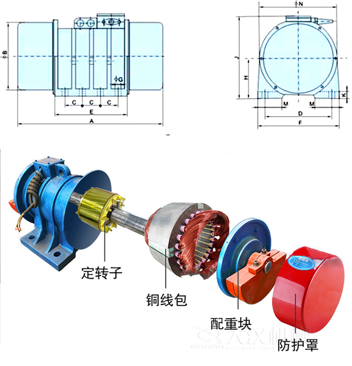 YZS振動電機內(nèi)部主要部件：定轉(zhuǎn)子，銅線包，配重塊，防護罩。