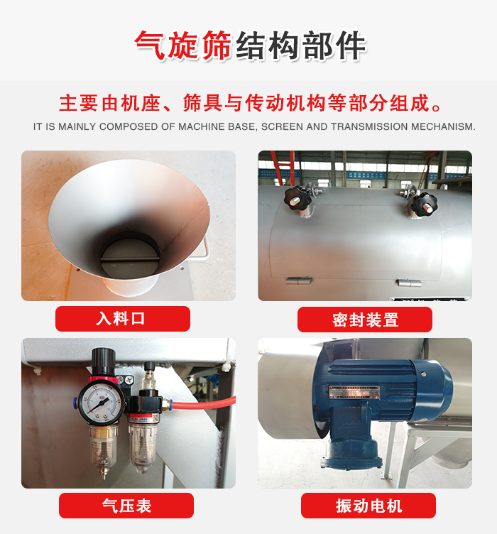 氣旋篩結構：入料口，密封裝置，電機，氣壓表等