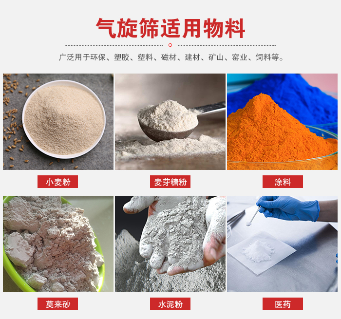 氣旋篩適用物料：小麥粉，麥芽糖粉，涂料，等粉狀物料。